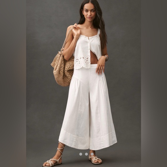 Anthropologie Linen Extended Waist Pants Wide Leg Ankle Ivory White 10 NWT - Picture 3 of 12